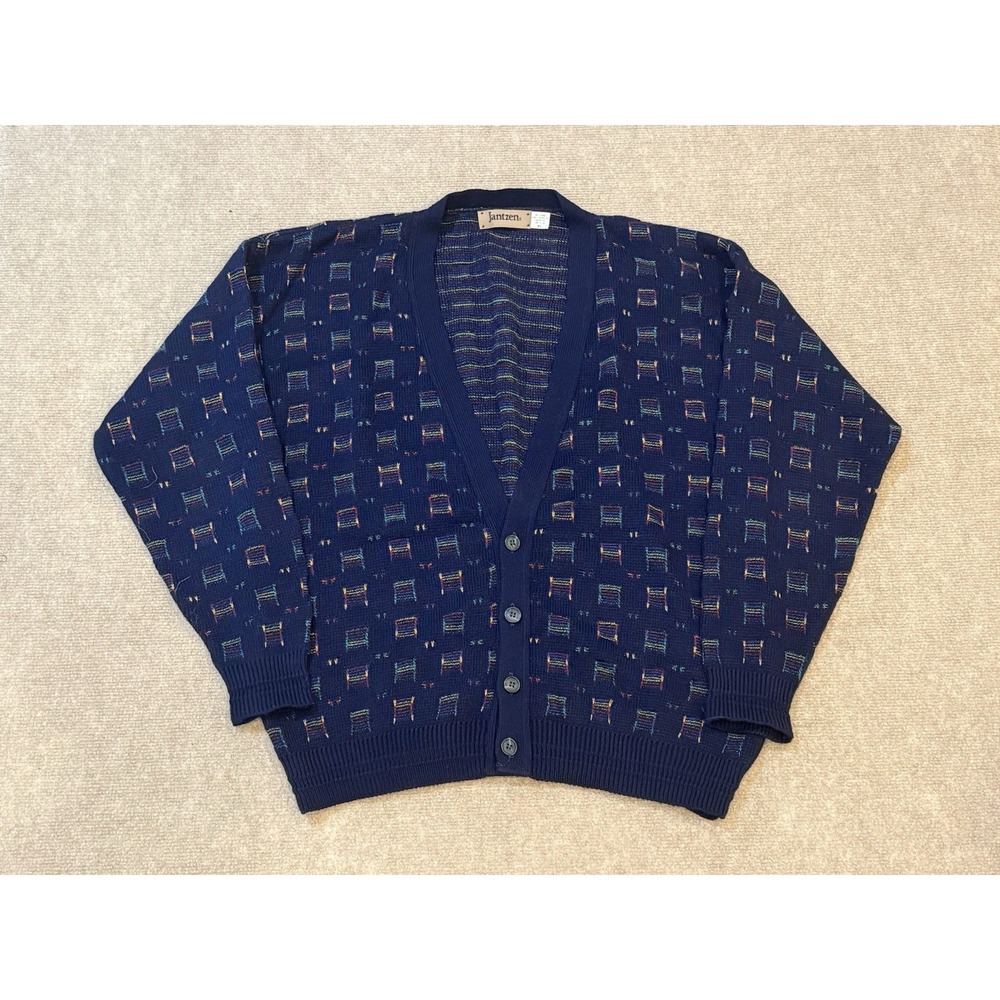 Janzten Vintage Cardigan Sweater Men's XL Knit Button Up Retro Cosby 90s Blue